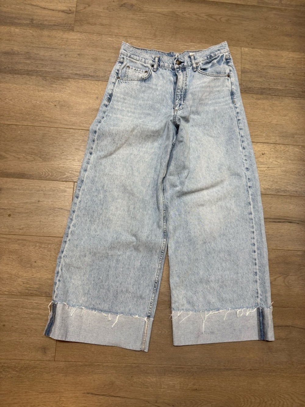 rag & bone Light Blue Wide-Leg Cuffed Jeans